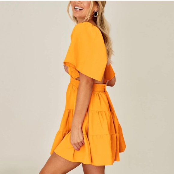 Tangerine Square Neck Cutout Waist Flutter Sleeve Cotton Dress - NWT - Picture 4 of 13